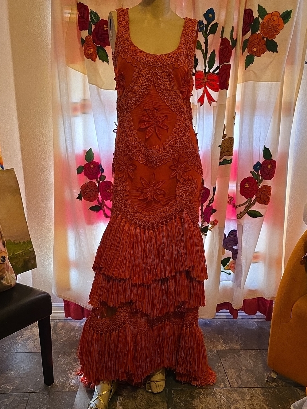 Fringed Tiered Maxi Dress in Bright Orange